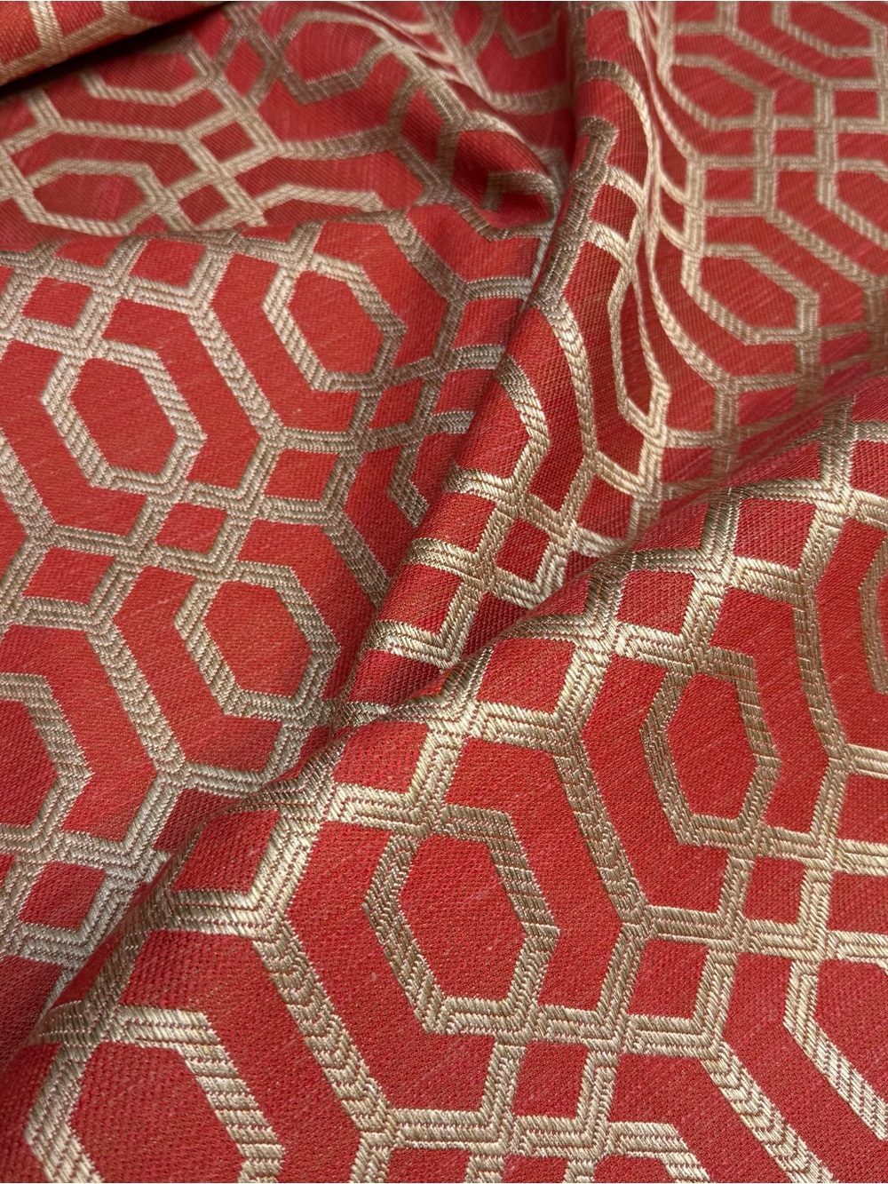 Hamilton Fabric Parquet Red And Metallic Gold Geometric Lattice Upholstery BTY